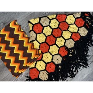 Vintage 60'-70's‎ Handmade Crochet Hexagon Throw Blanket & Chevron Lap Throw